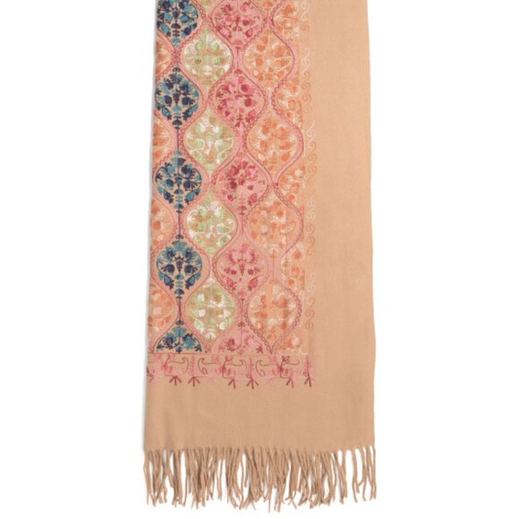 JESSICA MCCLINTOCK camel multi Embroidered Scarf With Fringe - Picture 2 of 2